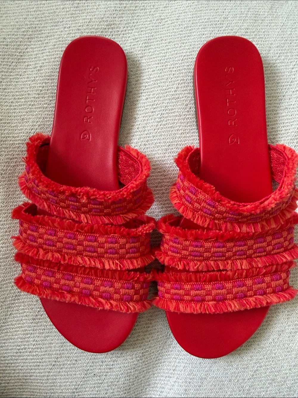Rothy's Red Fringe Triple-Strap Slide Sandals size 6